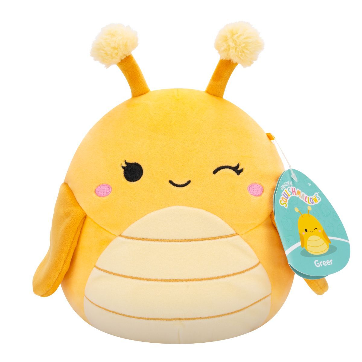 Squishmallow Greer 7.5-inch (19 cm) yellow Grasshopper from the Cottagecore Squad