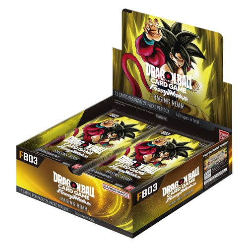 Booster box of Dragon Ball Super card game Fusion World. Raging Roar FB03 series. Super Saiyan Goku 4 