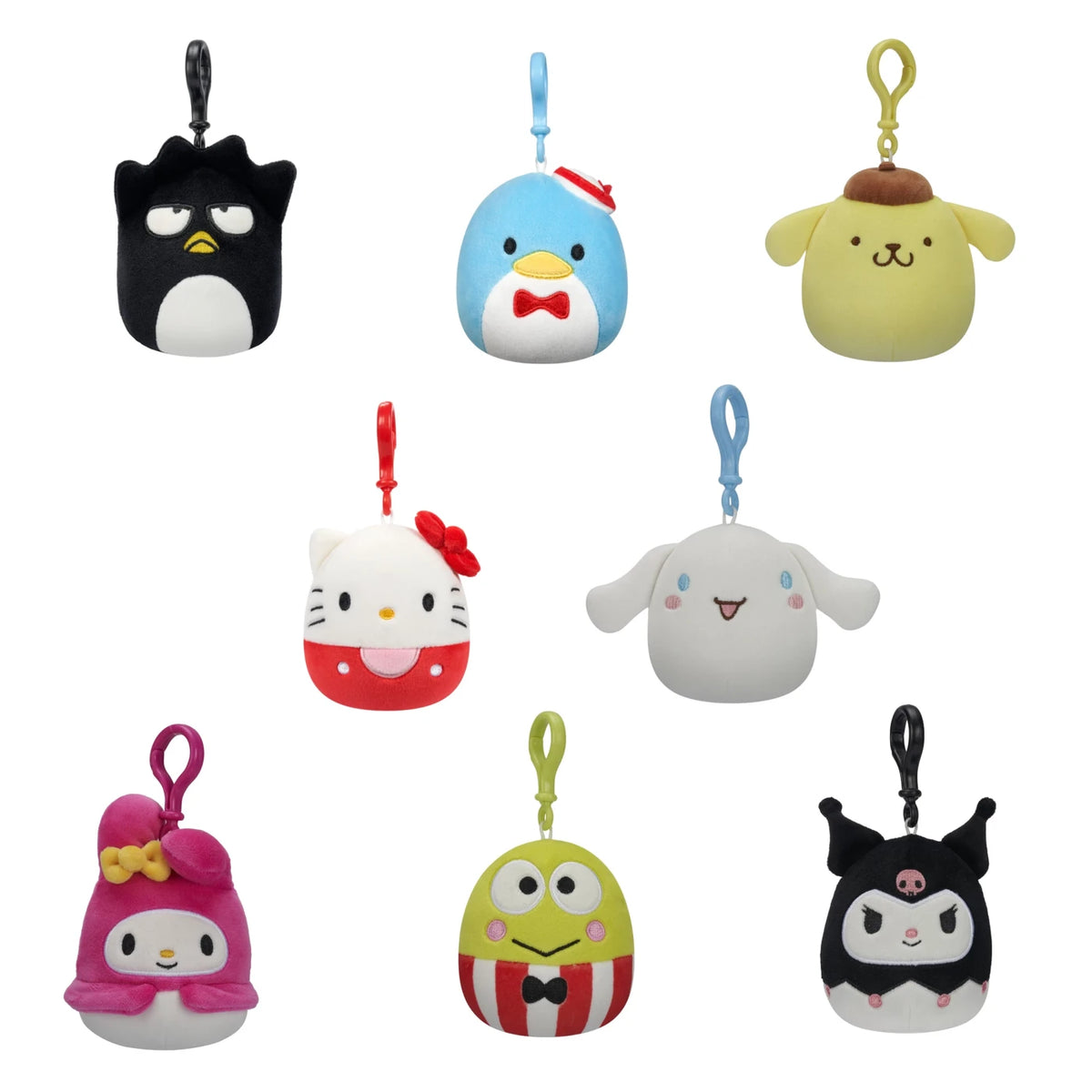 Squishmallows Hello Kitty 3.5 inch clip plush featuring adorable Sanrio characters including Hello Kitty, Cinnamoroll, Pompompurin, and more characters from Sanrio 