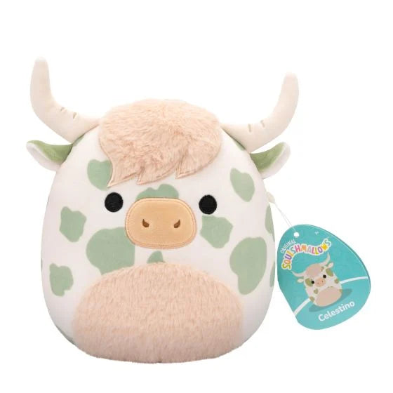 Squishmallow Celestino 7.5-inch (19 cm) white, cream, and olive green Highland Cow plush