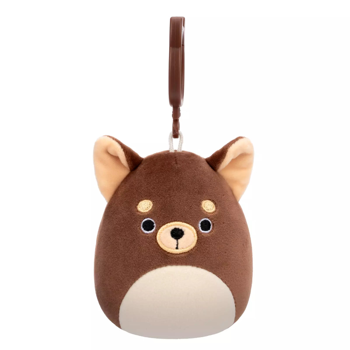 Squishmallow Barkevina 3.5-inch (9 cm) brown and tan Chihuahua clip-on plush.