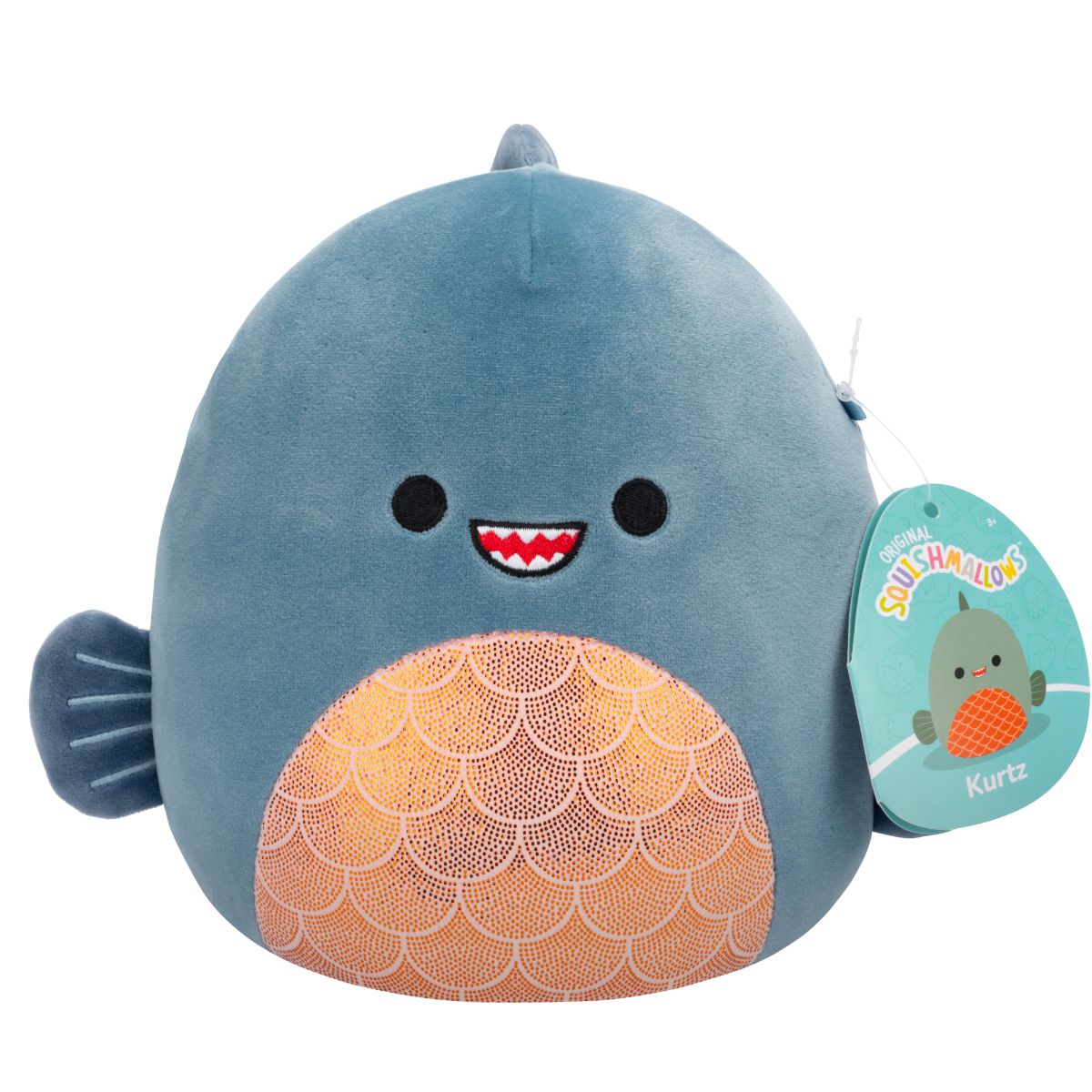 Squishmallow Kurtz 7.5-inch (19 cm) navy blue and gold Piranha plush.