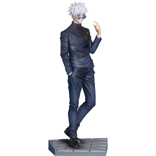 igure of Satoru Gojo from Jujutsu Kaisen, featuring his iconic white spiky hair, blue-tinted glasses, and dark high-necked outfit, posed confidently on a stone-tiled base