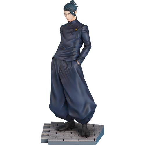 Figure of Suguru Geto from Jujutsu Kaisen, featuring a composed expression and hair styled in a bun, wearing a dark high-necked uniform. 